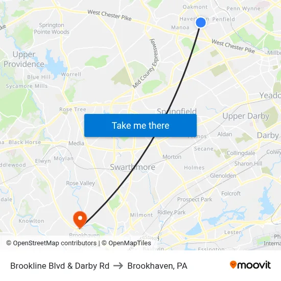 Brookline Blvd & Darby Rd to Brookhaven, PA map