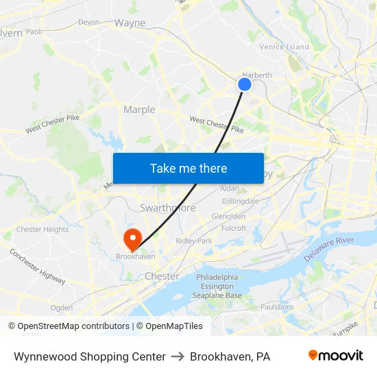 Wynnewood Shopping Center to Brookhaven, PA map