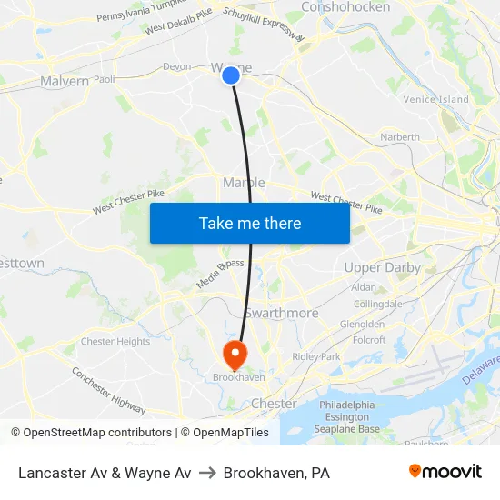 Lancaster Av & Wayne Av to Brookhaven, PA map