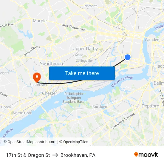 17th St & Oregon St to Brookhaven, PA map
