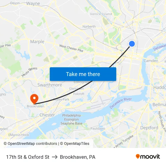 17th St & Oxford St to Brookhaven, PA map