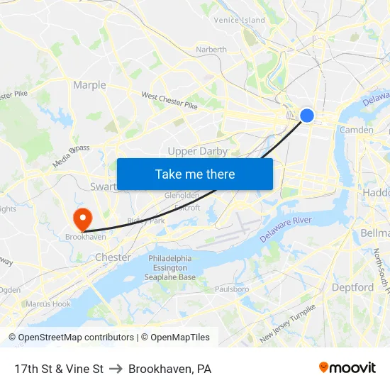 17th St & Vine St to Brookhaven, PA map