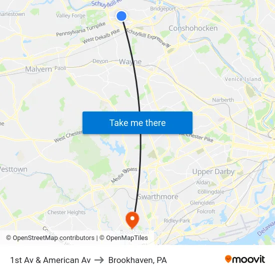 1st Av & American Av to Brookhaven, PA map