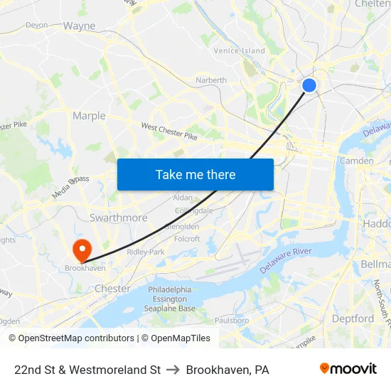 22nd St & Westmoreland St to Brookhaven, PA map