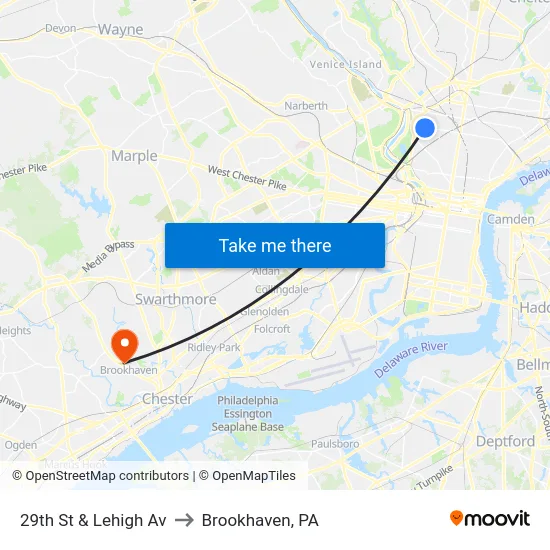 29th St & Lehigh Av to Brookhaven, PA map