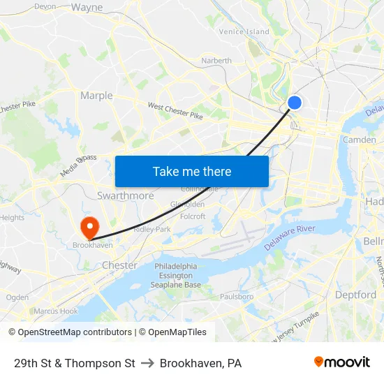 29th St & Thompson St to Brookhaven, PA map