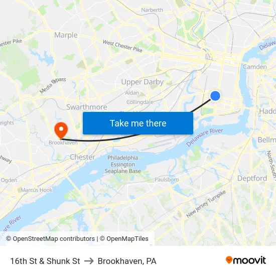 16th St & Shunk St to Brookhaven, PA map