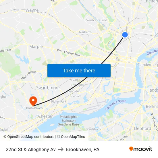 22nd St & Allegheny Av to Brookhaven, PA map