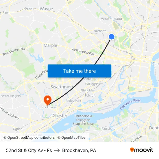 52nd St & City Av - Fs to Brookhaven, PA map