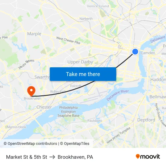 Market St & 5th St to Brookhaven, PA map