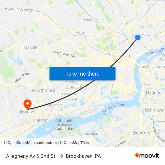 Allegheny Av & 2nd St to Brookhaven, PA map