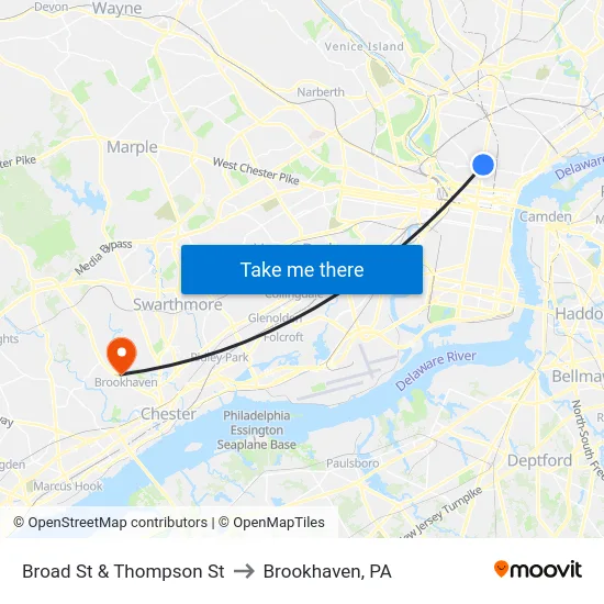 Broad St & Thompson St to Brookhaven, PA map