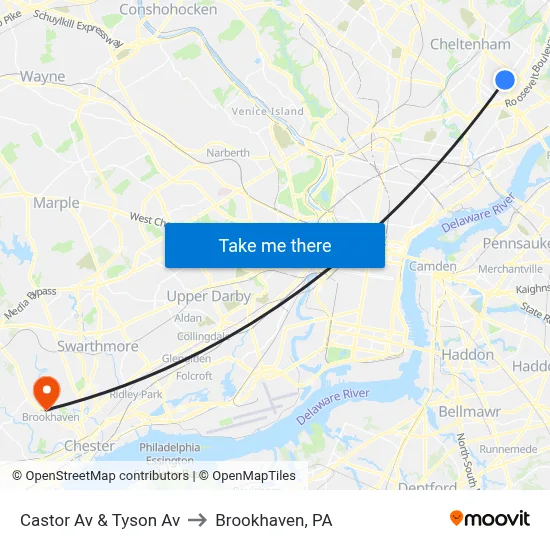 Castor Av & Tyson Av to Brookhaven, PA map