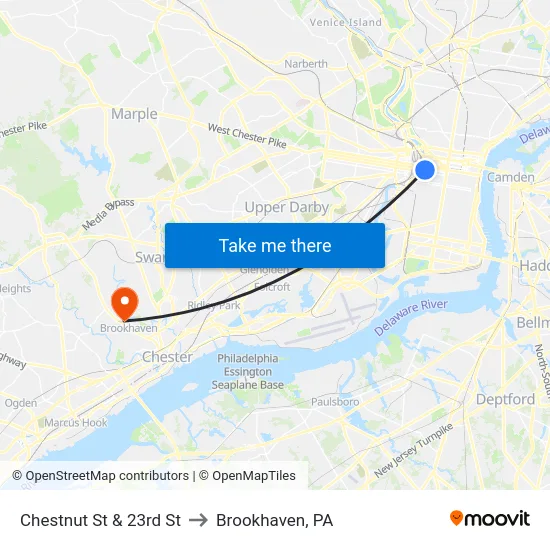 Chestnut St & 23rd St to Brookhaven, PA map