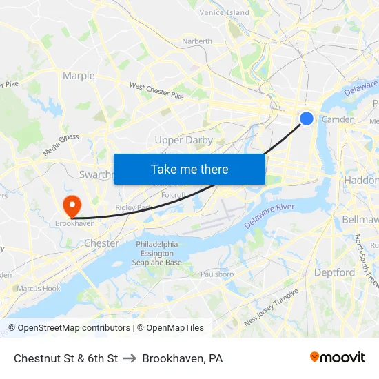 Chestnut St & 6th St to Brookhaven, PA map