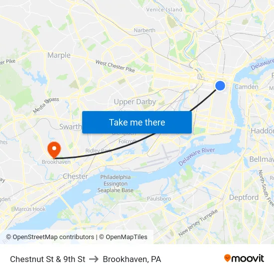 Chestnut St & 9th St to Brookhaven, PA map