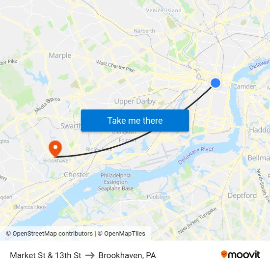 Market St & 13th St to Brookhaven, PA map
