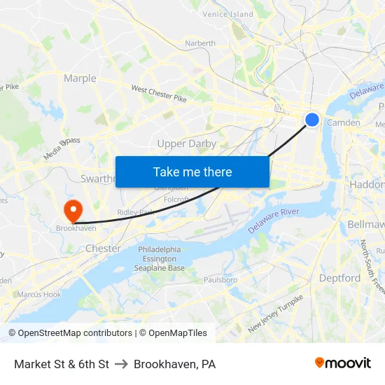 Market St & 6th St to Brookhaven, PA map