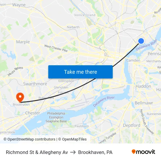 Richmond St & Allegheny Av to Brookhaven, PA map