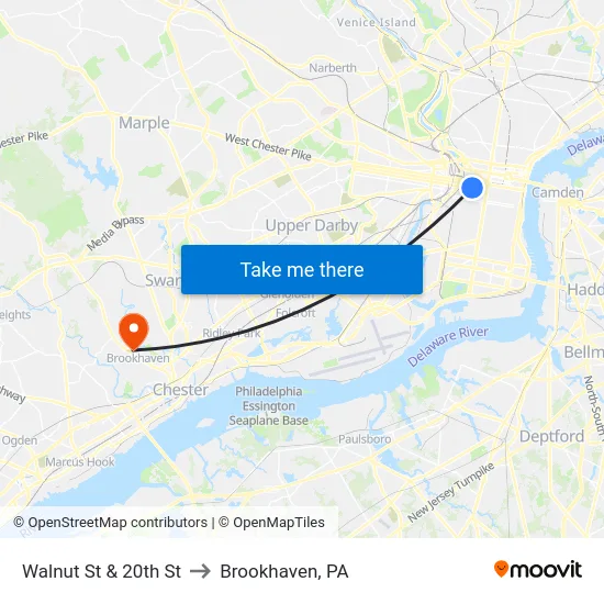 Walnut St & 20th St to Brookhaven, PA map