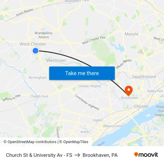 Church St & University Av - FS to Brookhaven, PA map