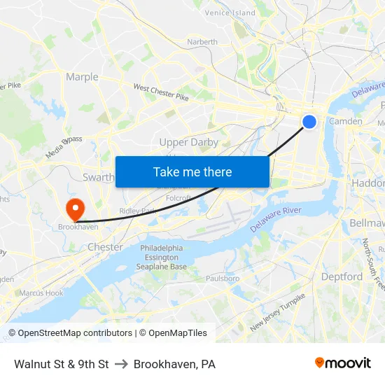 Walnut St & 9th St to Brookhaven, PA map