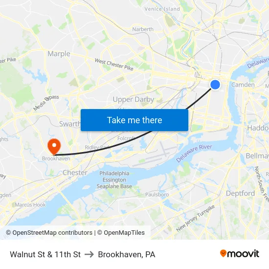 Walnut St & 11th St to Brookhaven, PA map