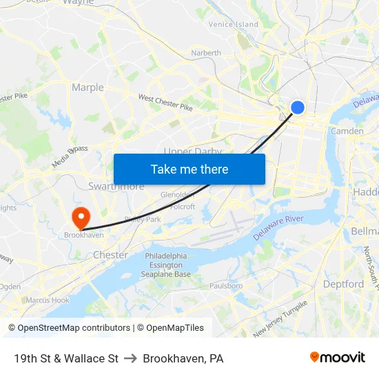 19th St & Wallace St to Brookhaven, PA map