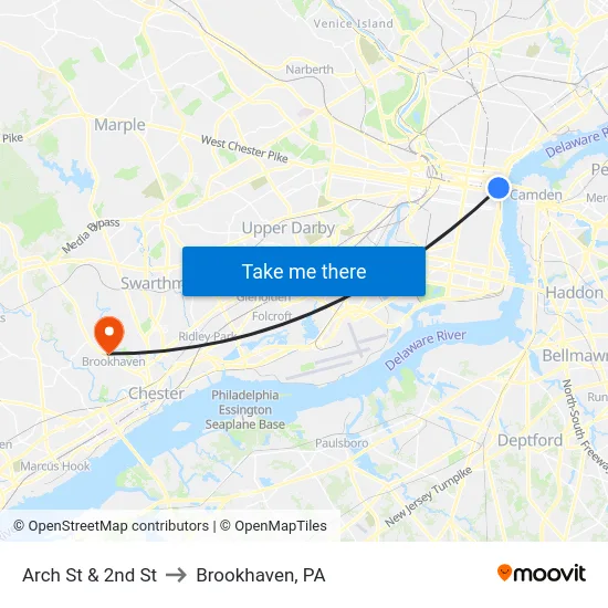 Arch St & 2nd St to Brookhaven, PA map