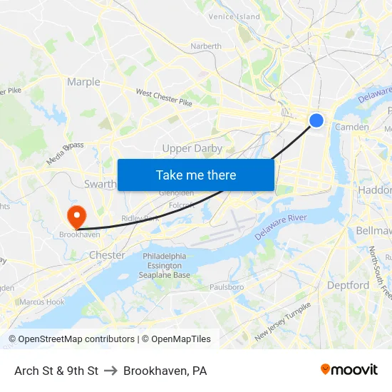Arch St & 9th St to Brookhaven, PA map