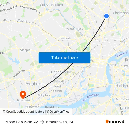 Broad St & 69th Av to Brookhaven, PA map