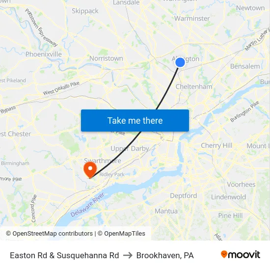 Easton Rd & Susquehanna Rd to Brookhaven, PA map