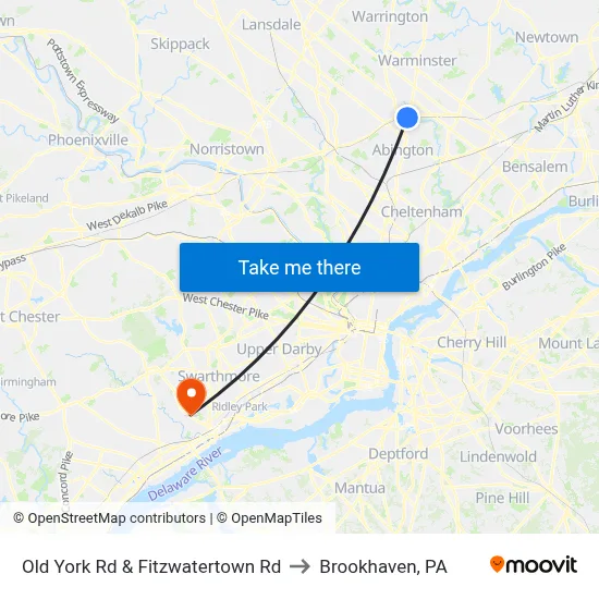 Old York Rd & Fitzwatertown Rd to Brookhaven, PA map