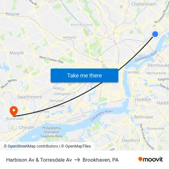 Harbison Av & Torresdale Av to Brookhaven, PA map
