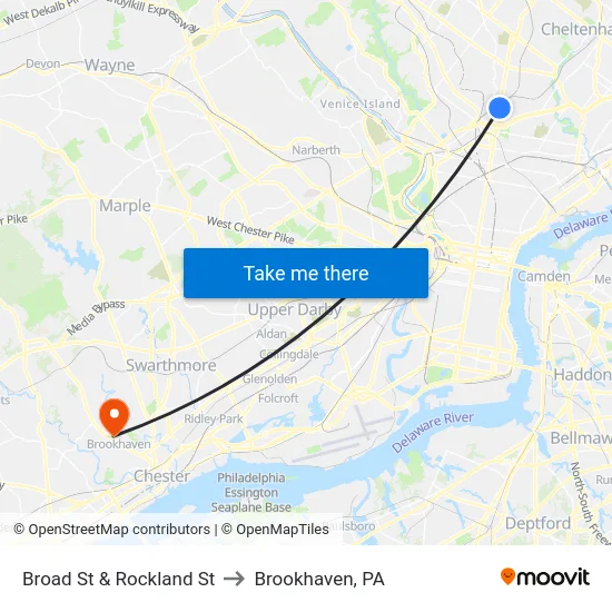Broad St & Rockland St to Brookhaven, PA map