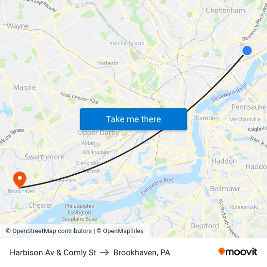 Harbison Av & Comly St to Brookhaven, PA map
