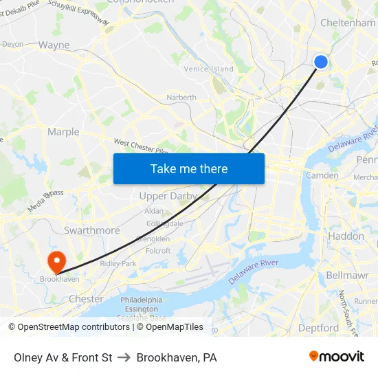 Olney Av & Front St to Brookhaven, PA map