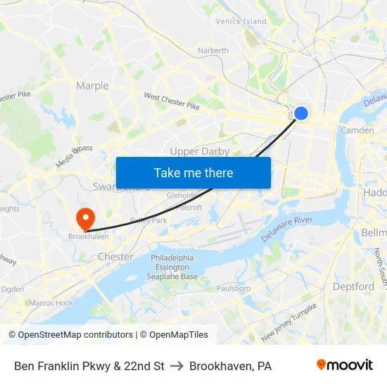 Ben Franklin Pkwy & 22nd St to Brookhaven, PA map