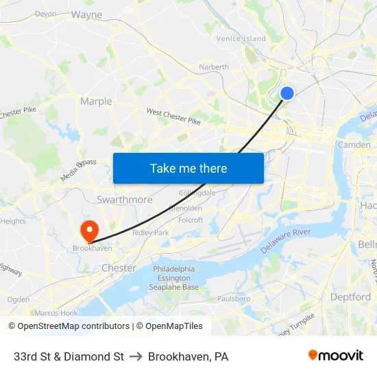 33rd St & Diamond St to Brookhaven, PA map