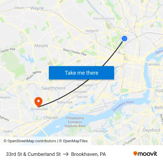 33rd St & Cumberland St to Brookhaven, PA map