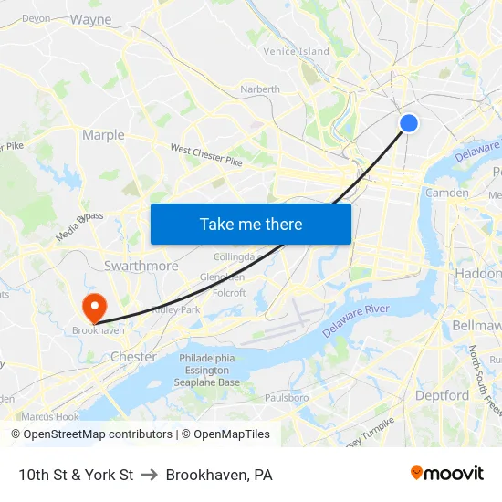 10th St & York St to Brookhaven, PA map