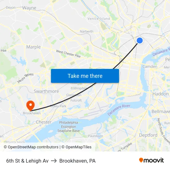 6th St & Lehigh Av to Brookhaven, PA map