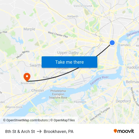 8th St & Arch St to Brookhaven, PA map
