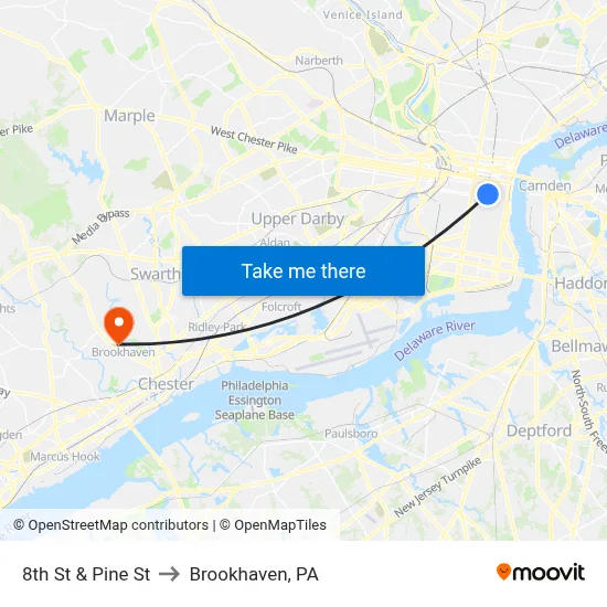 8th St & Pine St to Brookhaven, PA map