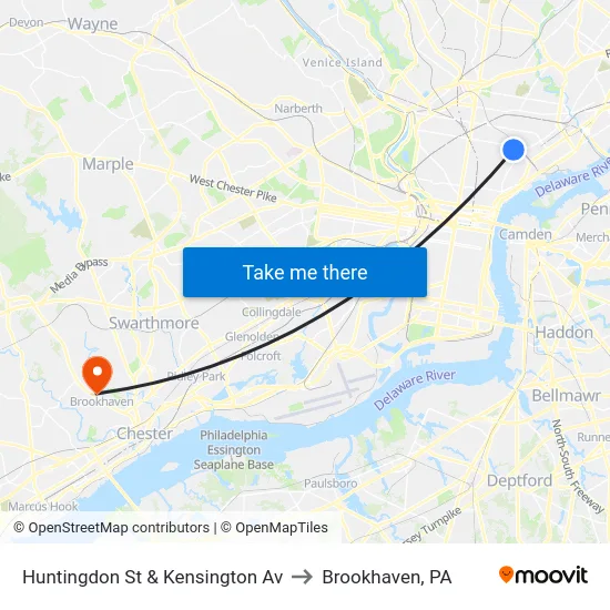 Huntingdon St & Kensington Av to Brookhaven, PA map