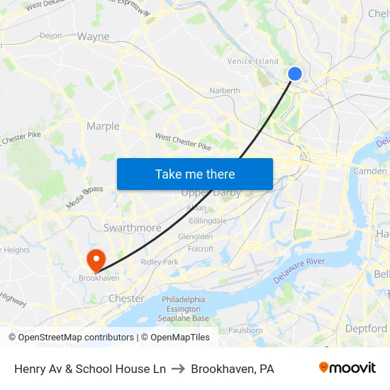 Henry Av & School House Ln to Brookhaven, PA map