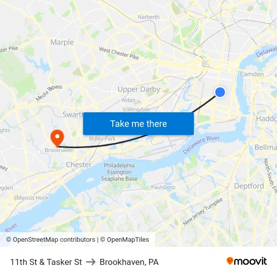 11th St & Tasker St to Brookhaven, PA map