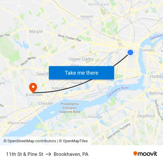 11th St & Pine St to Brookhaven, PA map