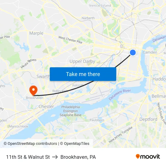 11th St & Walnut St to Brookhaven, PA map