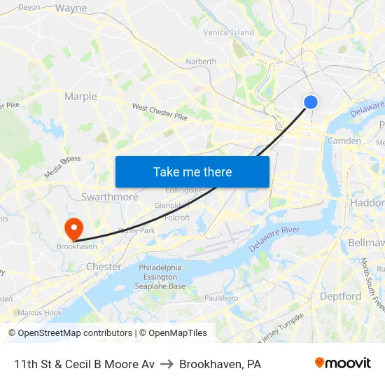 11th St & Cecil B Moore Av to Brookhaven, PA map